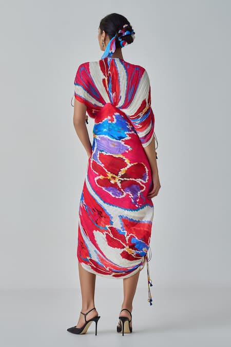 Shop_Saaksha & Kinni_Pink Cotton, Silk Tassels Round Neck Zia Abstract Ikat Print Dress_at_Aza_Fashions