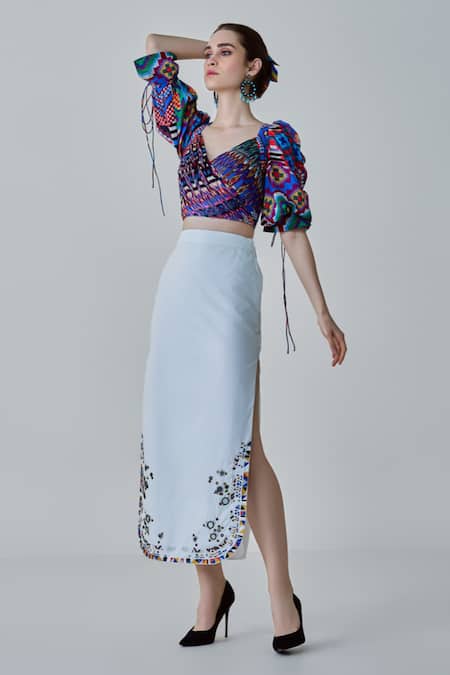 Saaksha & Kinni Blue Chiffon, Cotton, Silk Alice Ikat Print Blouse Online at Aza Fashions Saaksha & Kinni_Blue Chiffon, Cotton, Silk Alice Ikat Print Blouse _Online_at_Aza_Fashions