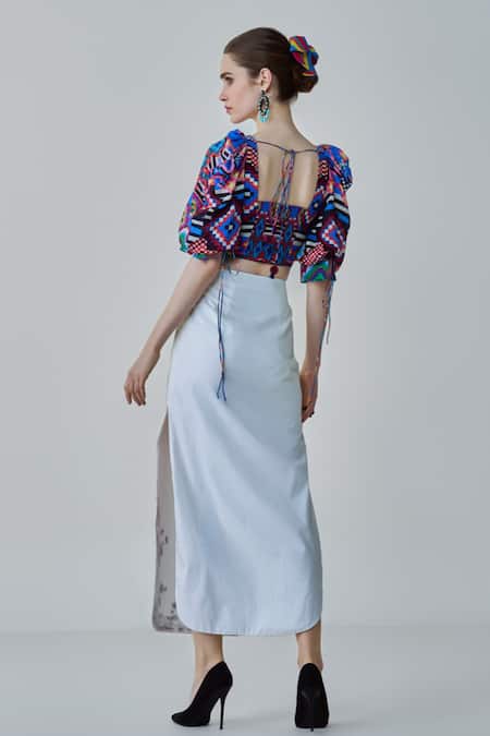 Shop Saaksha & Kinni Blue Chiffon, Cotton, Silk Alice Ikat Print Blouse at Aza Fashions Shop_Saaksha & Kinni_Blue Chiffon, Cotton, Silk Alice Ikat Print Blouse _at_Aza_Fashions