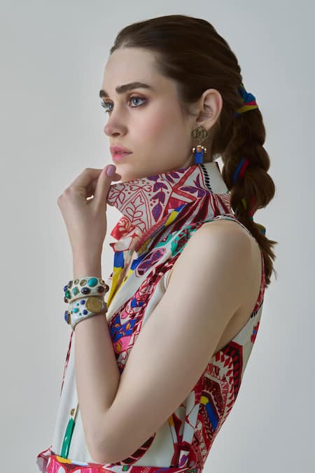 Saaksha & Kinni_Ivory Satin Collared Ella Paisley Print Dress With Belt_Online_at_Aza_Fashions