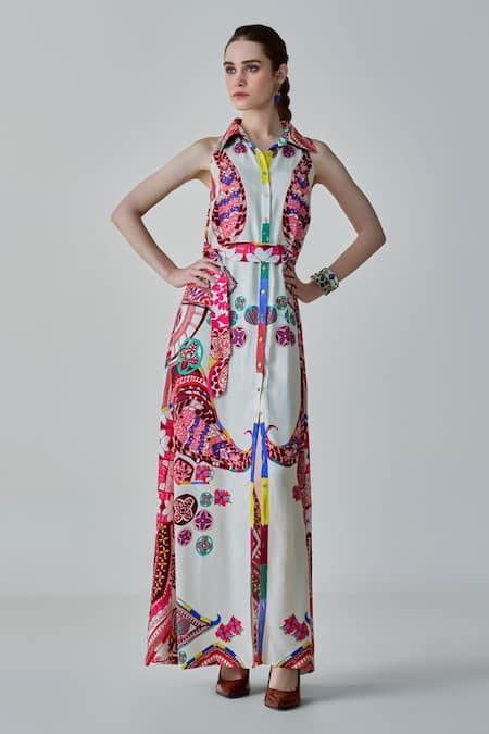 Buy_Saaksha & Kinni_Ivory Satin Collared Ella Paisley Print Dress With Belt_Online_at_Aza_Fashions