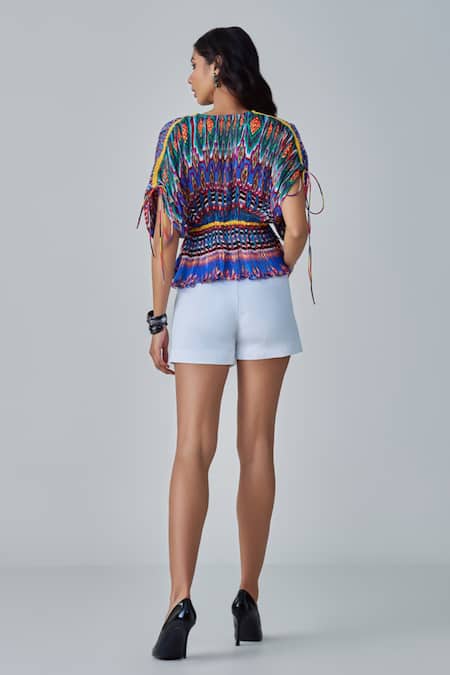 Shop Saaksha & Kinni White Denim Embroidery Tilly Mirror Work Shorts at Aza Fashions Shop_Saaksha & Kinni_White Denim Embroidery Tilly Mirror Work Shorts _at_Aza_Fashions