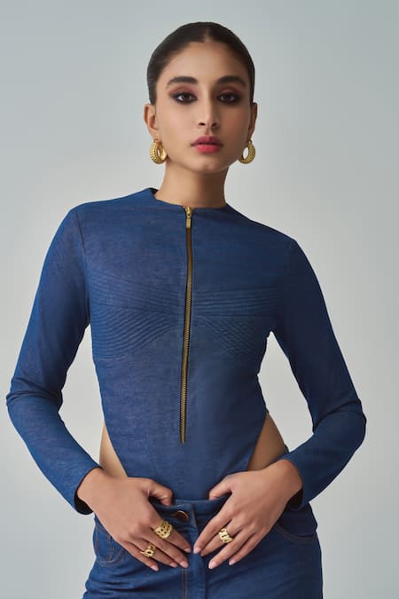 Saaksha & Kinni_Blue Denim Round Neck Zip Up Bodysuit _Online_at_Aza_Fashions