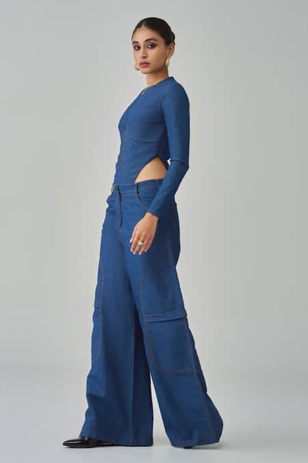 Buy_Saaksha & Kinni_Blue Denim Round Neck Zip Up Bodysuit _Online_at_Aza_Fashions