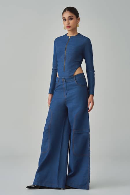Shop_Saaksha & Kinni_Blue Denim Round Neck Zip Up Bodysuit _Online_at_Aza_Fashions