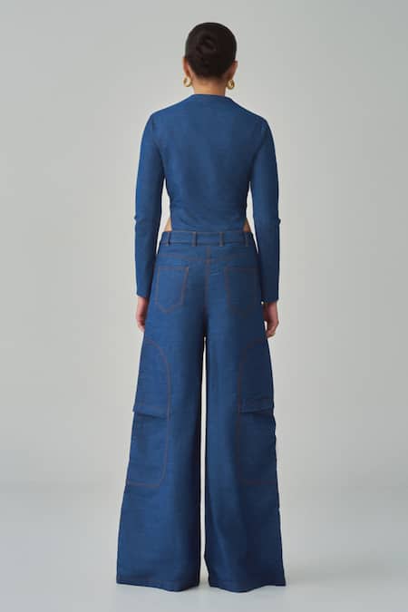 Shop_Saaksha & Kinni_Blue Denim Round Neck Zip Up Bodysuit _at_Aza_Fashions