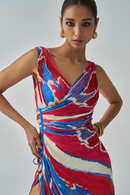 Saaksha & Kinni_Pink Cotton, Silk V-neck Anya Abstract Ikat Print Dress_Online_at_Aza_Fashions