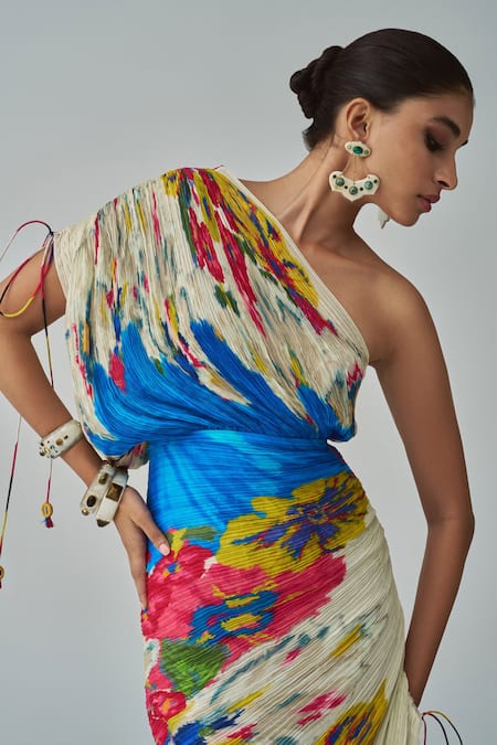 Saaksha & Kinni Ivory Cotton, Silk One Shoulder Mira Floral Print Dress Online at Aza Fashions Saaksha & Kinni_Ivory Cotton, Silk One Shoulder Mira Floral Print Dress _Online_at_Aza_Fashions
