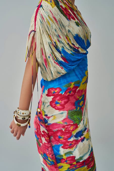 Shop Saaksha & Kinni Ivory Cotton, Silk One Shoulder Mira Floral Print Dress Online at Aza Fashions Shop_Saaksha & Kinni_Ivory Cotton, Silk One Shoulder Mira Floral Print Dress _Online_at_Aza_Fashions