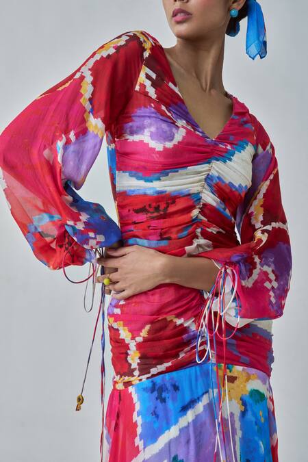 Saaksha & Kinni_Pink Chiffon, Satin V-neck Ariel Ikat Print Maxi Dress _Online_at_Aza_Fashions