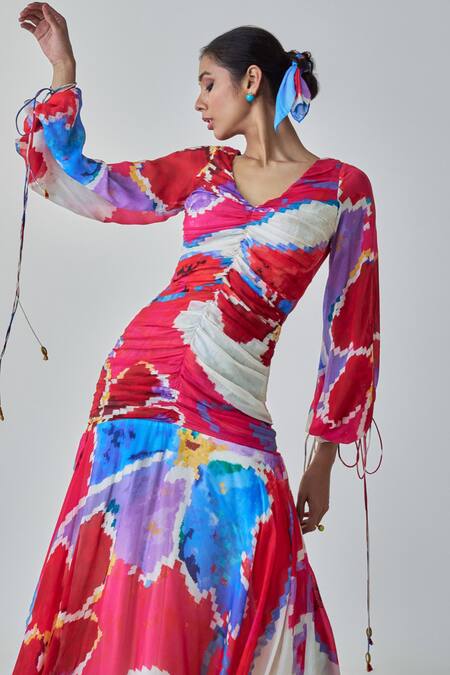 Buy_Saaksha & Kinni_Pink Chiffon, Satin V-neck Ariel Ikat Print Maxi Dress _Online_at_Aza_Fashions