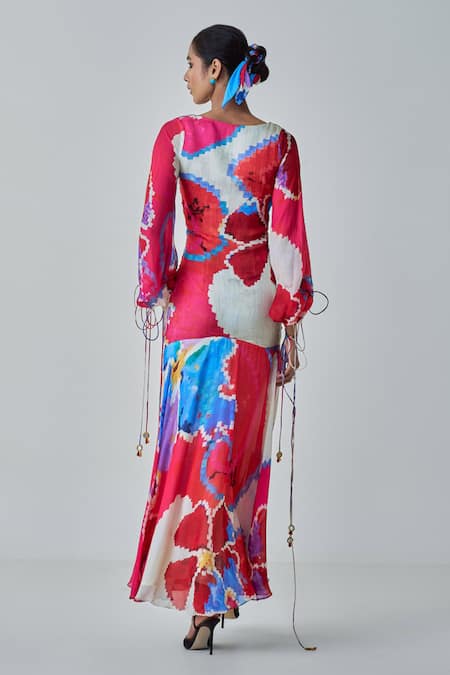 Shop_Saaksha & Kinni_Pink Chiffon, Satin V-neck Ariel Ikat Print Maxi Dress _at_Aza_Fashions