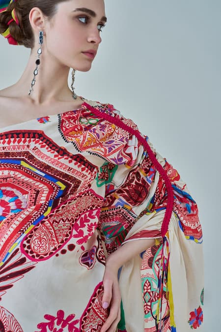 Saaksha & Kinni_Ivory Hemp Tassels One Shoulder Isla Paisley Print Asymmetric Kaftan _Online_at_Aza_Fashions