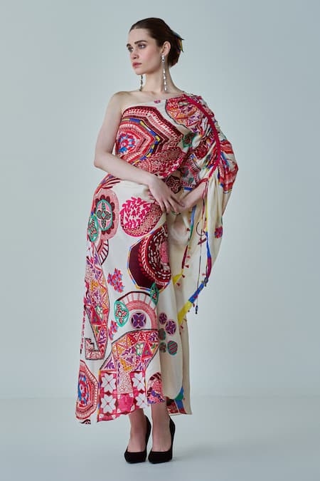 Buy_Saaksha & Kinni_Ivory Hemp Tassels One Shoulder Isla Paisley Print Asymmetric Kaftan _Online_at_Aza_Fashions