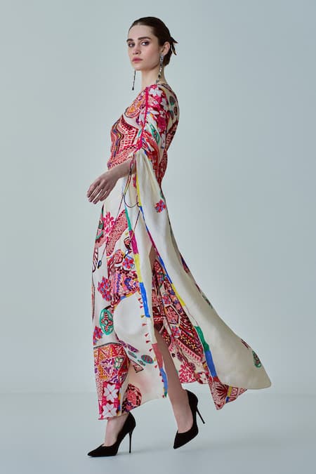 Shop_Saaksha & Kinni_Ivory Hemp Tassels One Shoulder Isla Paisley Print Asymmetric Kaftan _Online_at_Aza_Fashions