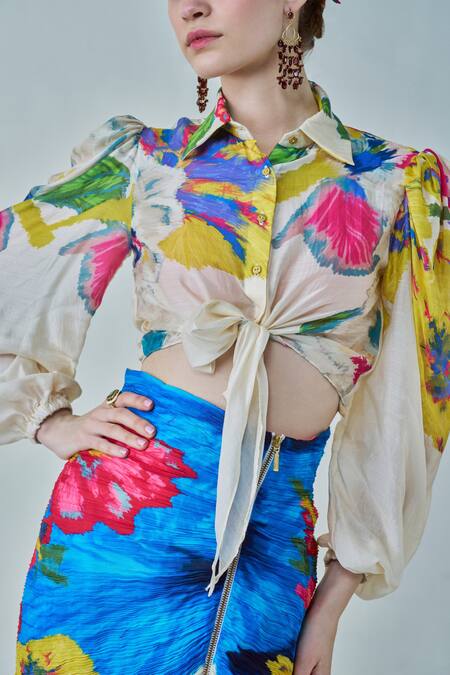 Saaksha & Kinni Ivory Cotton, Silk Collared Bella Floral Print Shirt Online at Aza Fashions Saaksha & Kinni_Ivory Cotton, Silk Collared Bella Floral Print Shirt _Online_at_Aza_Fashions