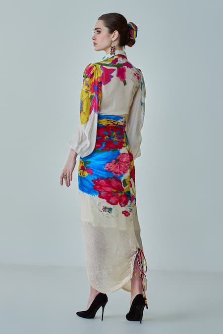 Shop Saaksha & Kinni Ivory Cotton, Silk Collared Bella Floral Print Shirt at Aza Fashions Shop_Saaksha & Kinni_Ivory Cotton, Silk Collared Bella Floral Print Shirt _at_Aza_Fashions