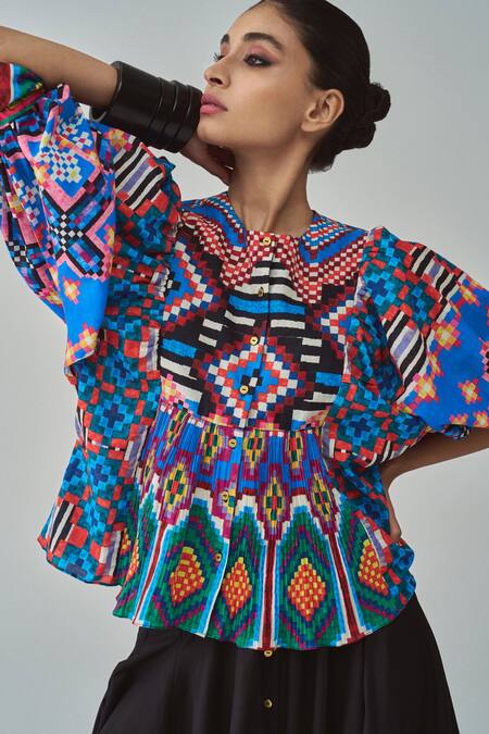 Saaksha & Kinni_Blue Cotton Round Neck Tanya Ikat Print Top_Online_at_Aza_Fashions