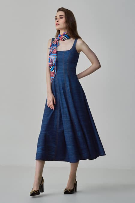 Buy_Saaksha & Kinni_Blue Denim Square Neck Emily Flared Midi Dress _Online_at_Aza_Fashions