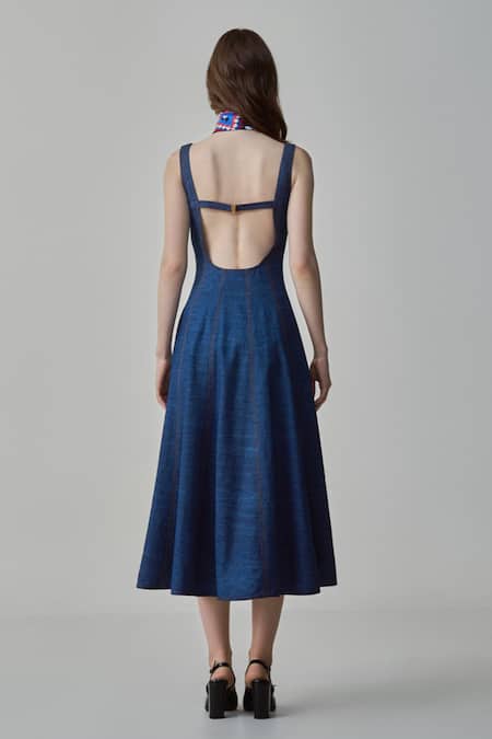 Shop_Saaksha & Kinni_Blue Denim Square Neck Emily Flared Midi Dress _at_Aza_Fashions