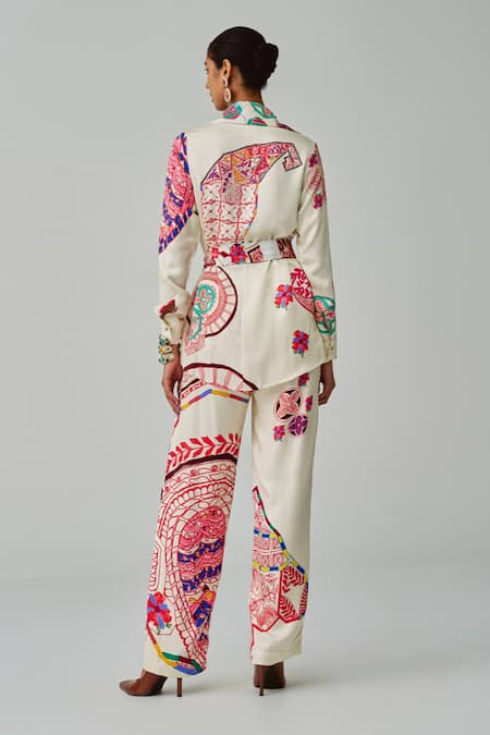 Shop_Saaksha & Kinni_Ivory Silk Malaika Paisley Print Trouser _at_Aza_Fashions