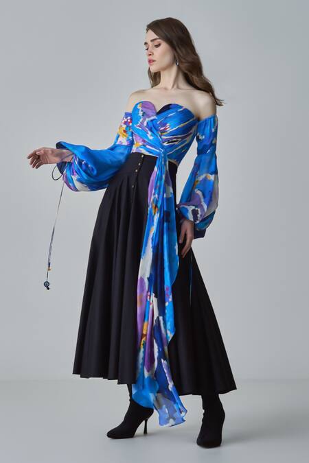 Buy Saaksha & Kinni Blue Chiffon, Poplin Sweetheart Neck Taloola Ikat Print Top Online at Aza Fashions Buy_Saaksha & Kinni_Blue Chiffon, Poplin Sweetheart Neck Taloola Ikat Print Top _Online_at_Aza_Fashions