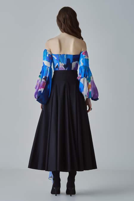 Shop Saaksha & Kinni Blue Chiffon, Poplin Sweetheart Neck Taloola Ikat Print Top at Aza Fashions Shop_Saaksha & Kinni_Blue Chiffon, Poplin Sweetheart Neck Taloola Ikat Print Top _at_Aza_Fashions