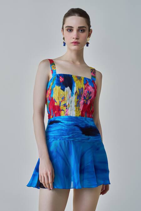 Saaksha & Kinni Blue Chiffon Square Neck Erin Floral Print Short Dress Online at Aza Fashions Saaksha & Kinni_Blue Chiffon Square Neck Erin Floral Print Short Dress_Online_at_Aza_Fashions
