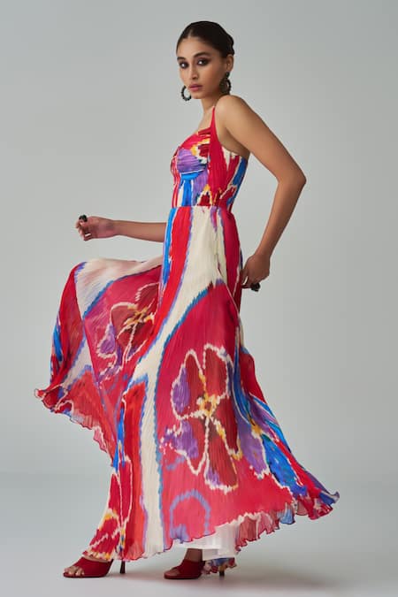 Buy_Saaksha & Kinni_Pink Chiffon Sweetheart Neck Kiara Ikat Print Maxi Dress _Online_at_Aza_Fashions