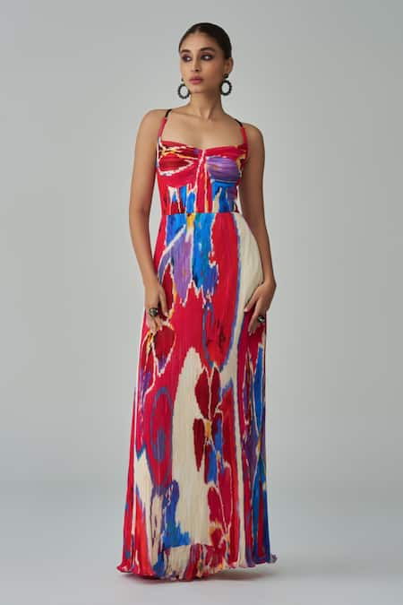 Saaksha & Kinni Pink Chiffon Printed Ikat Sweetheart Kiara Maxi Dress 