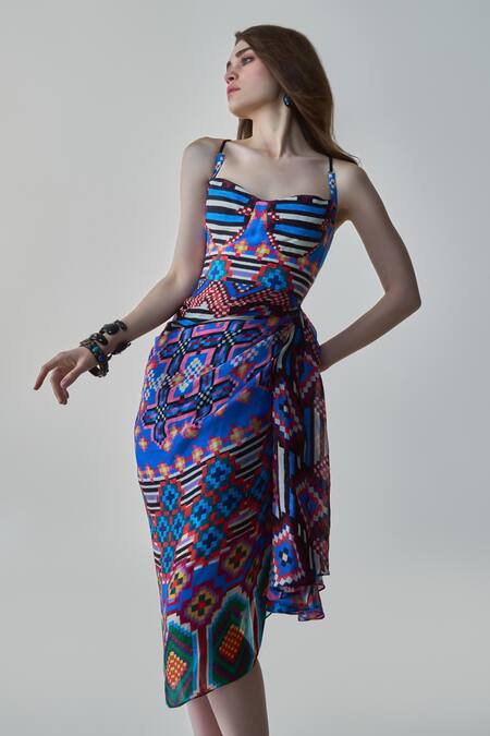 Saaksha & Kinni Blue Chiffon, , Cotton Multi Color Ikat Print Side-draped Midi Dress Online at Aza Fashions Saaksha & Kinni_Blue Chiffon, , Cotton Multi Color Ikat Print Side-draped Midi Dress _Online_at_Aza_Fashions