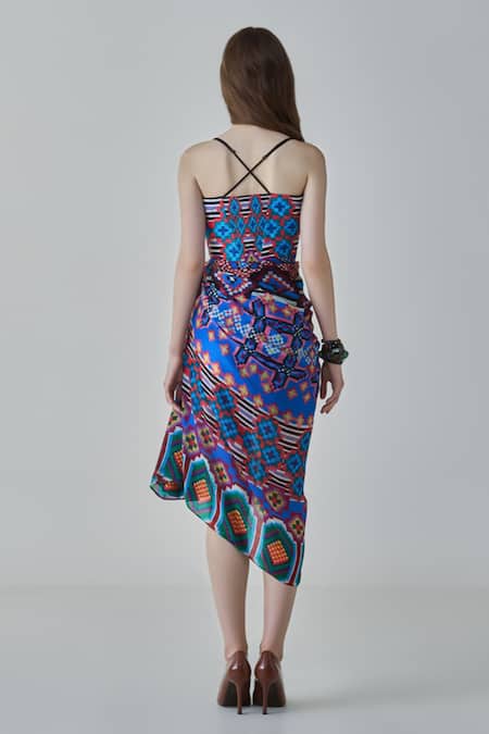 Shop Saaksha & Kinni Blue Chiffon, , Cotton Multi Color Ikat Print Side-draped Midi Dress at Aza Fashions Shop_Saaksha & Kinni_Blue Chiffon, , Cotton Multi Color Ikat Print Side-draped Midi Dress _at_Aza_Fashions