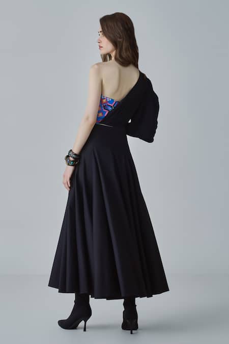 Shop Saaksha & Kinni Black Chiffon, Satin Embroidery One Shoulder Ria Ikat Print Top at Aza Fashions Shop_Saaksha & Kinni_Black Chiffon, Satin Embroidery One Shoulder Ria Ikat Print Top _at_Aza_Fashions