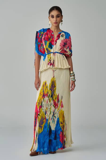 Saaksha & Kinni Ivory Chiffon Printed Floral Monica Long Skirt