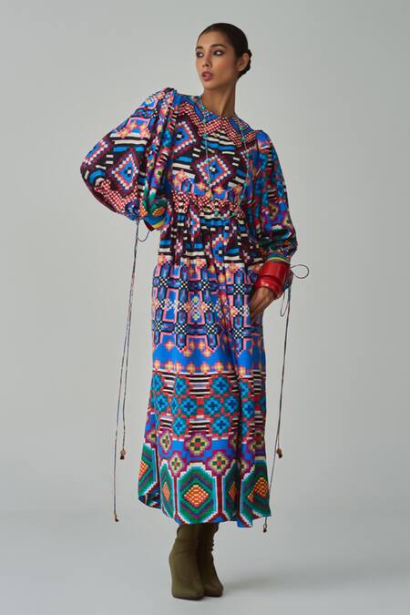 Saaksha & Kinni_Blue Silk Round Neck Sara Ikat Print Midi Dress_Online_at_Aza_Fashions