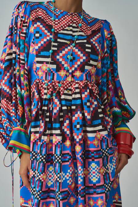 Buy_Saaksha & Kinni_Blue Silk Round Neck Sara Ikat Print Midi Dress_Online_at_Aza_Fashions