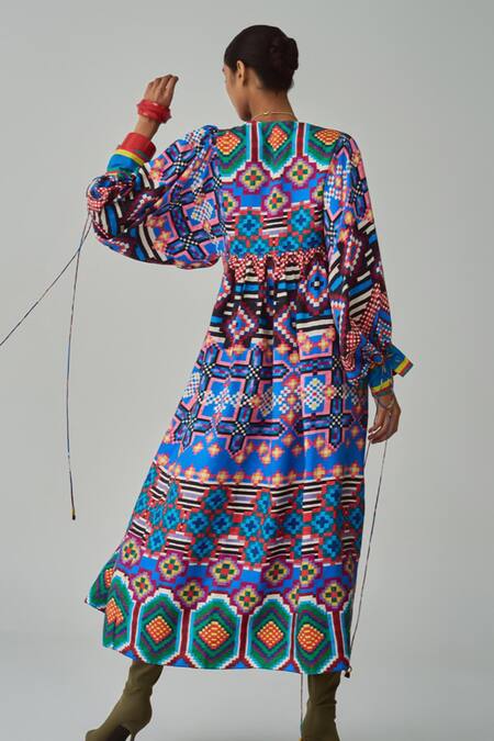 Shop_Saaksha & Kinni_Blue Silk Round Neck Sara Ikat Print Midi Dress_at_Aza_Fashions