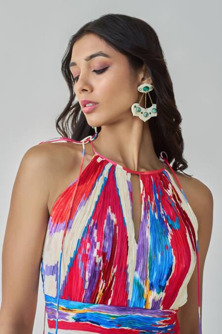 Saaksha & Kinni_Pink Chiffon, Satin Halter Neck Jewel Ikat Print Maxi Dress _Online_at_Aza_Fashions