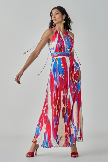 Buy_Saaksha & Kinni_Pink Chiffon, Satin Halter Neck Jewel Ikat Print Maxi Dress _Online_at_Aza_Fashions