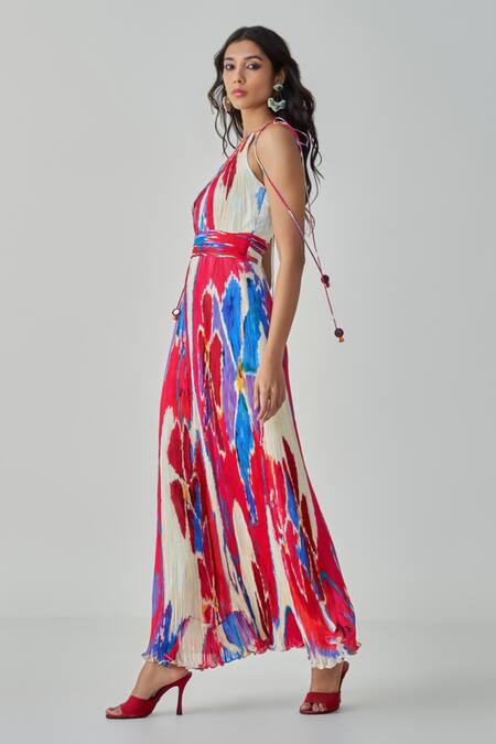 Shop_Saaksha & Kinni_Pink Chiffon, Satin Halter Neck Jewel Ikat Print Maxi Dress _Online_at_Aza_Fashions