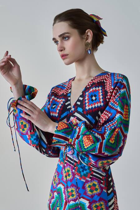 Saaksha & Kinni Blue Hemp Embroidery V-neck Nina Ikat Print Wrap Top Online at Aza Fashions Saaksha & Kinni_Blue Hemp Embroidery V-neck Nina Ikat Print Wrap Top_Online_at_Aza_Fashions