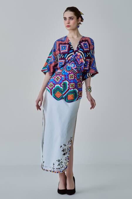 Buy Saaksha & Kinni Blue Hemp Embroidery V-neck Nina Ikat Print Wrap Top Online at Aza Fashions Buy_Saaksha & Kinni_Blue Hemp Embroidery V-neck Nina Ikat Print Wrap Top_Online_at_Aza_Fashions