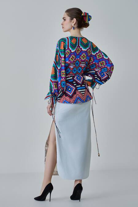 Shop Saaksha & Kinni Blue Hemp Embroidery V-neck Nina Ikat Print Wrap Top at Aza Fashions Shop_Saaksha & Kinni_Blue Hemp Embroidery V-neck Nina Ikat Print Wrap Top_at_Aza_Fashions