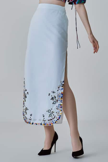 Saaksha & Kinni_White Poplin Mirrors, Embroidery Morgan Hem Midi Skirt _Online_at_Aza_Fashions