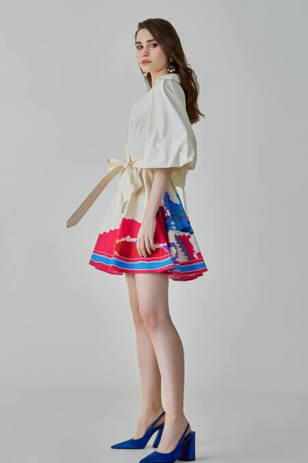 Buy Saaksha & Kinni Ivory Poplin Collared Faye Ikat Print Short Dress With Belt Online at Aza Fashions Buy_Saaksha & Kinni_Ivory Poplin Collared Faye Ikat Print Short Dress With Belt_Online_at_Aza_Fashions