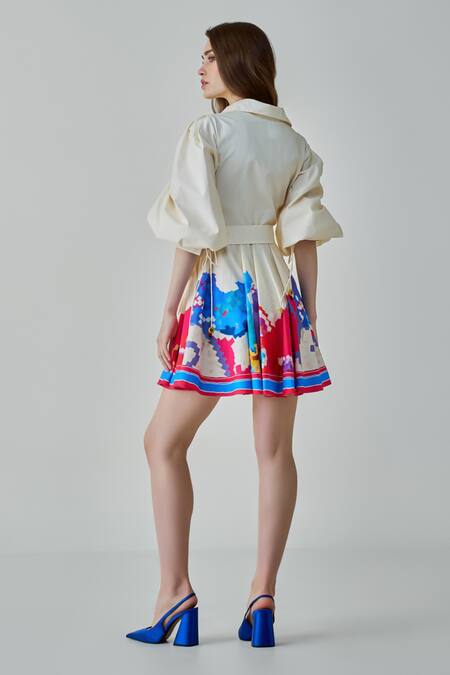 Shop Saaksha & Kinni Ivory Poplin Collared Faye Ikat Print Short Dress With Belt at Aza Fashions Shop_Saaksha & Kinni_Ivory Poplin Collared Faye Ikat Print Short Dress With Belt_at_Aza_Fashions