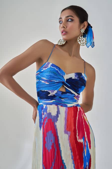 Saaksha & Kinni_Multi Color Chiffon Sweetheart Neck Layla Ikat Print Maxi Dress _Online_at_Aza_Fashions