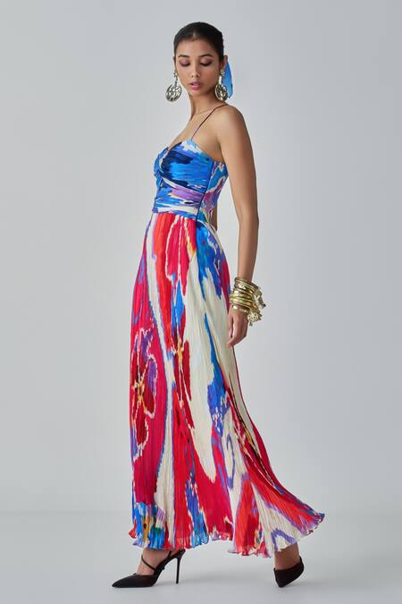 Buy_Saaksha & Kinni_Multi Color Chiffon Sweetheart Neck Layla Ikat Print Maxi Dress _Online_at_Aza_Fashions