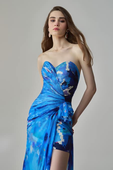 Buy Saaksha & Kinni Blue Chiffon, Satin Sweetheart Neck Anastasia Ikat Print Dress Online at Aza Fashions Buy_Saaksha & Kinni_Blue Chiffon, Satin Sweetheart Neck Anastasia Ikat Print Dress _Online_at_Aza_Fashions