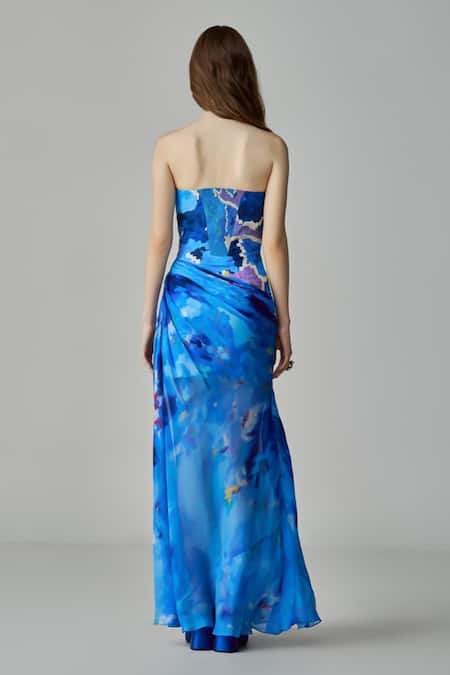 Shop Saaksha & Kinni Blue Chiffon, Satin Sweetheart Neck Anastasia Ikat Print Dress at Aza Fashions Shop_Saaksha & Kinni_Blue Chiffon, Satin Sweetheart Neck Anastasia Ikat Print Dress _at_Aza_Fashions